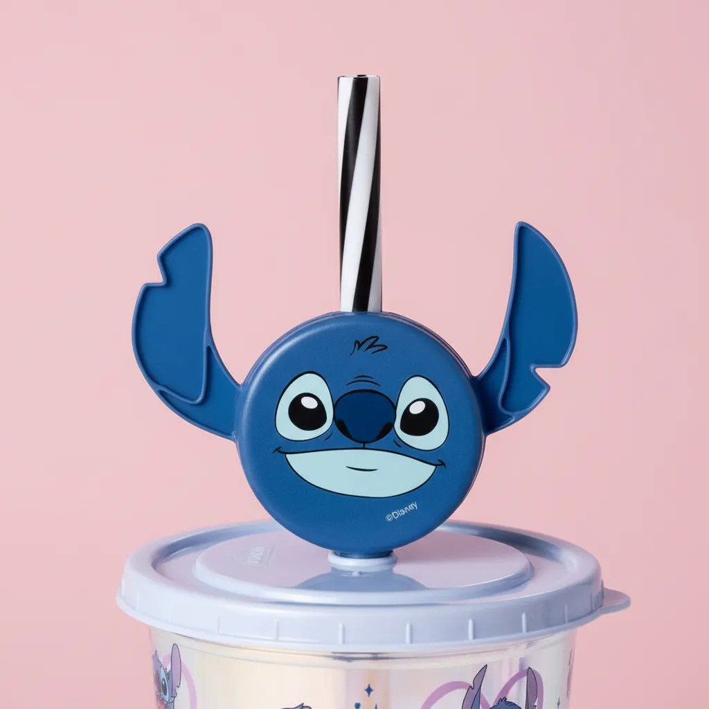 Copo Infantil Stitch Pin Disney Canudo Tampa Presente Fofo Branco Stitch